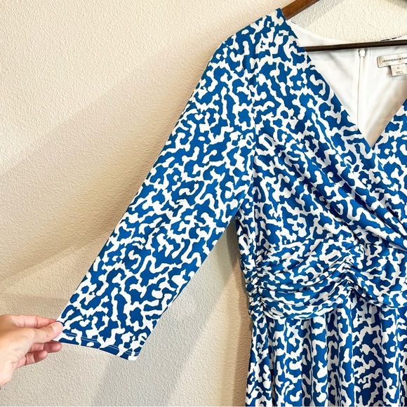 Christopher & Banks XL Faux Wrap Midi Dress Blue White Knot Front Flowy Stretch - Picture 5 of 10
